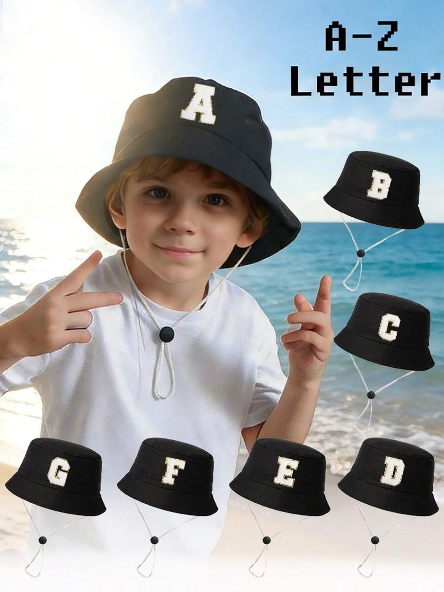 1顶26字母印花儿童渔夫帽+可拆卸防风绳，可调节户外遮阳帽，适合男孩女孩，春秋季旅行、海滩、度假 - 黑色 - 查看 1