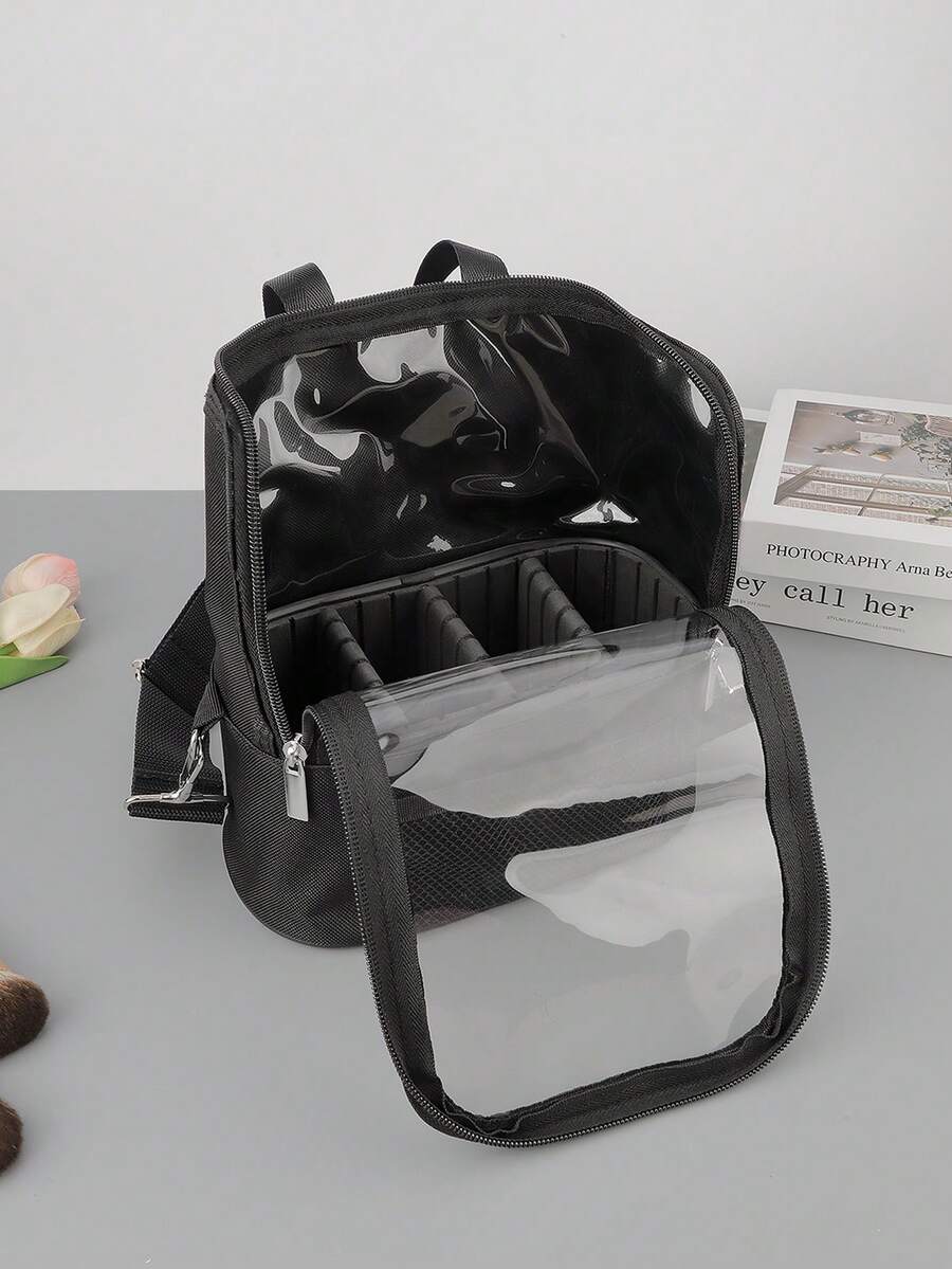 1pc Large Black Shoulder Strap Makeup Brush Storage Bag, Makeup Brush Holder, Vertical Makeup Brush Rack, Professional Travel Makeup Bag With Shoulder Strap And Adjustable Compartments - Multicolor - View 1
