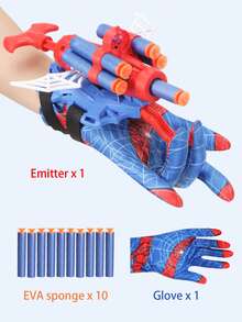 1set Interactive Plastic Hero Web Shooter Toy Set (Includes Glove & Soft Bullets), Cartoon Red & Blue Spider Pattern Wrist-Mounted Shooting Function Cosplay Prop For Kids Halloween Christmas Birthday Party Gift