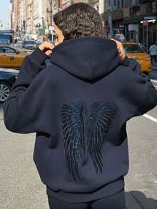 Sequin Embroidered Angel Wings Light Grey Sweatshirt Y2K Cute Women Sweatshirt, Casual Dropped Shoulder Long Sleeve Sweatshirt For Women - Navy Blue - View 4