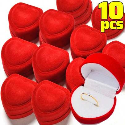 10PCS Flocking Red Heart-Shaped Ring Boxes, Romantic Jewelry Display Cases Ideal For Valentine's Day Gifts, Wedding Rings, And Charms, Elegant Storage Solution Perfect For Special Occasions, Proposals, And Wholesale Packaging For Retailers