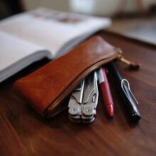 1pc Vintage Minimalist Large Capacity Pencil Case, PU Leather Storage Bag, Makeup Brush Organizer Pouch, Portable Travel Organizer Bag