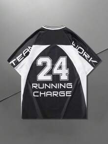 黑白撞色篮球球衣套装，24号球衣号码和星形徽章，运动休闲T恤 - 白色 - 查看 3