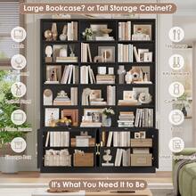 209cm Bookcase Tall Bookshelf With Doors 7-Tier Living Room Bookcase And Shelving Unit Free Standing Display Rack With 15 Open Compartments 209x150x23.7cm Black - Black - View 4