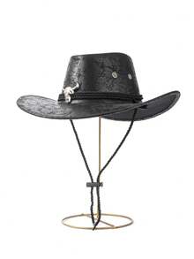 1pc Unisex Solid Color PU Leather Cowboy Hat, Unique Shiny 3D Steer Head Design With Leather & Metal Wide Belt Decor, Wide Brim Sun Protection Hat, Adjustable Strap, Cyberpunk Stylish Punk Retro Vibe, Suitable For Parties, Western Themed Events, Cosplay, Street Style Looks, Gifts For Men - Silver Bull Cowboy Hat - View 4