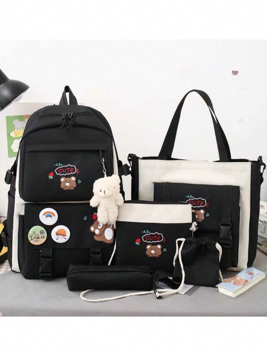 Baila Morena Kit Of 5 Bags With Tag, Buckle, School Backpack, Multi-Pocket Tote Bag, Shoulder Bag, Crossbody Bag, Pencil Case, Coin Purse, Multifunctional, Adjustable Strap, Pendant, Brooch - Preto Ursinho - 查看 1