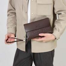 1pc Black & Brown Crocodile Embossed PU Leather Men's Clutch Bag, Large Capacity Multi-Card Slots Waterproof Handbag With Dual Zipper, Business Briefcase Valentine'S Day - Multicolor - View 7