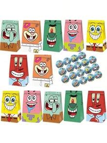 12Pcs Of SpongeBob Gift Bags, Anime Character-Themed Gift Bags For Birthdays, Weddings, Gatherings And Parties, Kraft Paper Candy Bags With Stickers, Foldable Bags - Multicolor - View 5