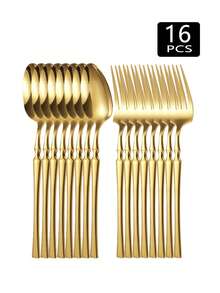 2/4/8/16件套不锈钢餐具套装，包括餐叉和餐勺，适用于餐厅、酒店、婚礼、学校等场所。 - 金色 - 查看 1