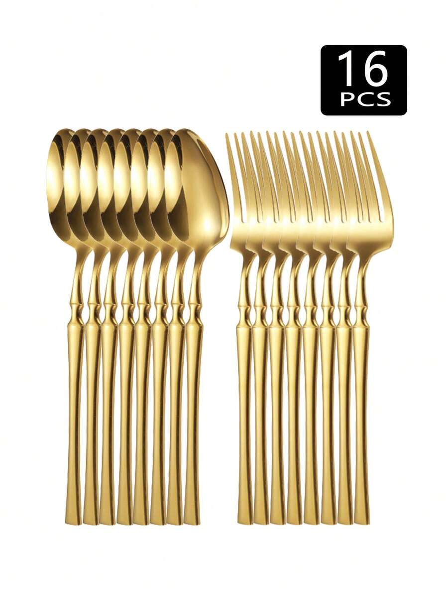 2/4/8/16件套不锈钢餐具套装，包括餐叉和餐勺，适用于餐厅、酒店、婚礼、学校等场所。 - 金色 - 查看 1