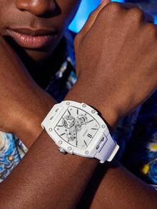 Guess Phoenix GW0203G6 多功能男士石英表，黄色硅胶表带，黑色圆筒形表盘，休闲腕表，适合日常街头运动装扮，时尚男士礼物，送给男友的理想之选 - 白色 - 查看 3