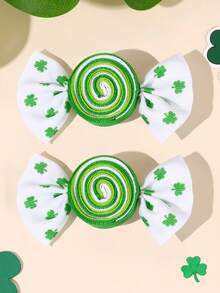 2个圣帕特里克节女孩发夹，绿色三叶草蝴蝶结鳄鱼夹，糖果造型罗缎丝带蝴蝶结发夹，节日三叶草发卡，幸运四叶草发夹，青少年发饰