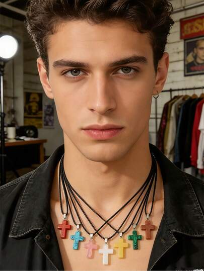 1/5/10 piezas Collar con colgante de cruz de cristal natural de colores a la moda, joyería de piedra unisex, adecuado como regalo del Día de San Valentín, uso diario para hombres