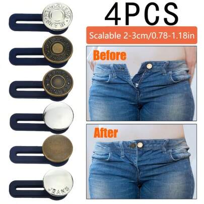 4pcs Random Color Magic Metal Button Extender, Adjustable Elastic Waist Extender For Jeans, No Sewing Required