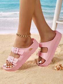 New Fashion Thick Bottom Elevated Sandals For Women, Versatile EVA Lightweight Comfortable Soft Durable Double Adjustable Strap Sandals For Home, Party, Beach, Work, Shock-Absorbing - Pink - View 12