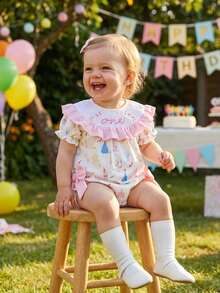 Infant Baby Girl Birthday Romper Letter Embroidery Bow Print Short Sleeve Ruffled Round Neck Bodysuit - White - View 3