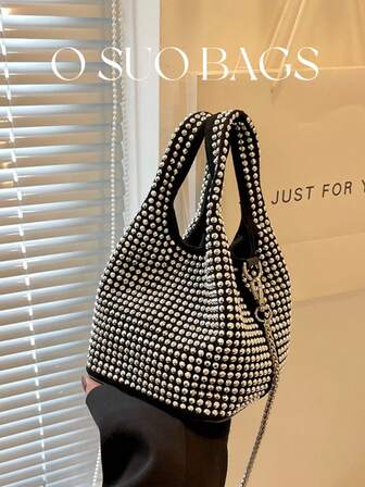 1pc Elegant Silver Handbag, Fashionable Rhinestone Bucket Bag With Chain Shoulder Strap