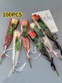 50pcs Transparent Single Stem Flower Bouquet Packaging Bags, Waterproof Packaging Bags For Multi-Rose Bouquets, Fresh Flower Packaging For Valentine's Day, Mother's Day, Birthday, Christmas And New Year Gifts - Multicolor - View 2