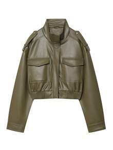 Leather Jacket Bomber Cropped Jackets Woman Zip Up Green Coats For Women Long Sleeve Ladies Streetwear Going Out Jacket - Green - View 3