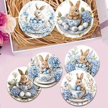 6pcs/Set Easter Blue Hydrangea & Rabbit Pattern Wooden Coasters, Suitable For Home, Restaurant And Various Occasions, Can Be Used As Daily Gifts, Desktop Decorations And Theme Party Decorations, Easter Gifts, Easter Decorations, Available In 1 Set, 2 Sets Or 31 Sets - White - View 3