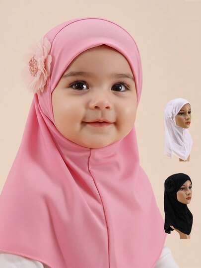 1pc Children/Girls Floral Fabric Hijab, Middle Eastern Muslim Arabic Cute Elegant Breathable Adjustable, Suitable For All Seasons Gift