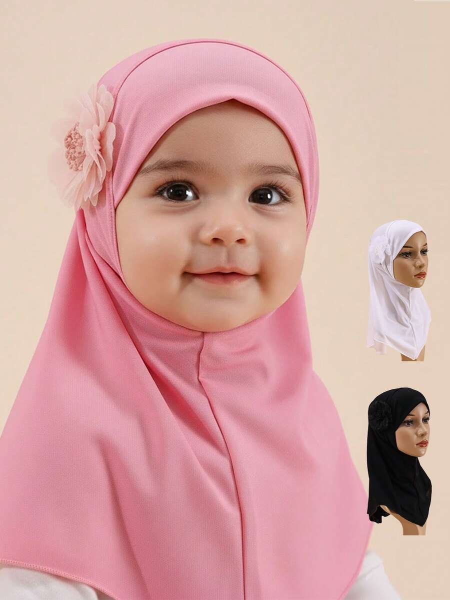 1pc Children/Girls Floral Fabric Hijab, Middle Eastern Muslim Arabic Cute Elegant Breathable Adjustable, Suitable For All Seasons Gift - Multicolor - View 1