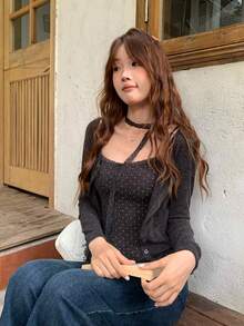 2件組女款波點印花細肩帶背心與素色開襟外套套裝，秋季時尚 春季優雅 夏季 - 深灰色 - 查看 7