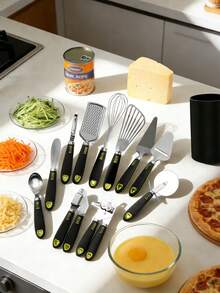 1件/8件套多功能不锈钢厨房工具套装，带收纳架：刨丝器、压蒜器、开罐器、削皮器、打蛋器、冰淇淋勺、锅铲、披萨/蛋糕切割器。必备厨房小工具，乔迁或节日送礼佳品。 - 彩色 - 查看 12