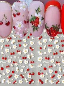 2pcs/Set - New Nail Art Stickers, Spring/Summer Style, Oil Painting Design, Daisy, Small Flowers, Cherry, 5D Embossed Nail Art Stickers Nails Nail Supplies - Multicolor - View 2