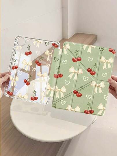 Beige Bow & Cherry Double-Sided Painted Effect Acrylic Crystal Cover For IPad 11/IPad 10/IPad 7/8/9th/IPad Air 7th 11inch/IPad Air 5th/Kindle Paperwhite 11th, Tablet Case Compatible With Samsung Galaxy Tab A9 Plus,3+Y Fold Anti-Bend, Reinforced Silicone Corners, Auto Wake/Sleep Function, Built-In Pencil Slot, Multi-Angle Foldable Stand - Perfect Daily Protection, Great Holiday Gift