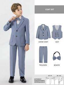 4pcs Young Boy Gentleman Suit Set: Blazer, Double-Breasted Vest, Pants, Tie - Blue - View 3