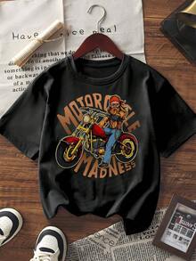 Women's Short Sleeve Graphic Print T-Shirt Vintage Motorcycle Madness Biker Character Pattern Crew Neck Casual Summer Tee Top - Black - View 1