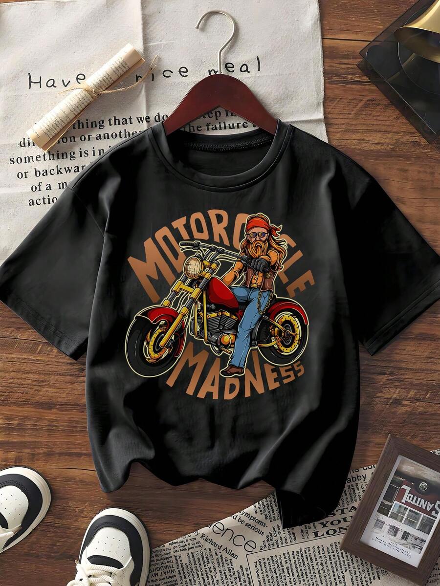 Women's Short Sleeve Graphic Print T-Shirt Vintage Motorcycle Madness Biker Character Pattern Crew Neck Casual Summer Tee Top - Black - View 1