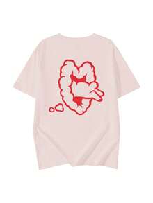 1pc Women's Casual Loose T-Shirt, Heart & Rabbit Print, Cute & Sweet Design, Suitable For Valentine's Day Date, Round Neck Top - Baby Pink - View 5