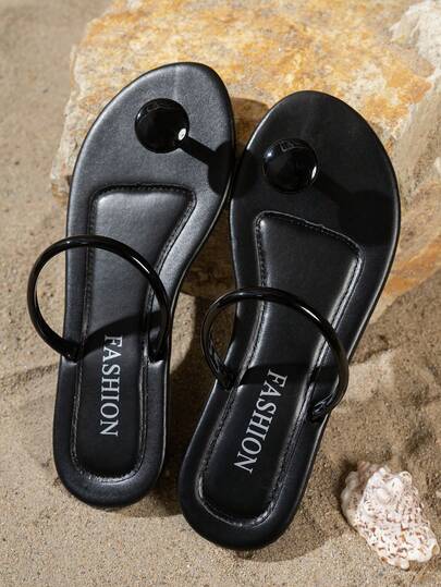 1 Pair Black Printed Open Toe Women's Fashion Flat Thong Sandals, Suitable For Home, Outdoor, Party, Beach And Other Occasions