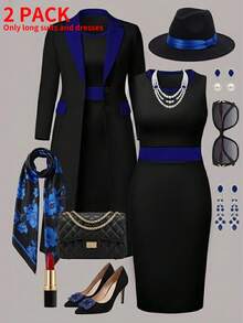 Women's Spring/Autumn New Elegant 2-Piece Set: Contrast Color Long Sleeve Cardigan Jacket + Sleeveless Fitted Mid-Length Dress Black - Black - View 2