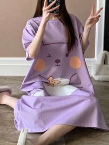 Camisón de mujer de cuello redondo lindo, estampado de oso de dibujos animados de manga corta, primavera/verano - Morado - Ver 2