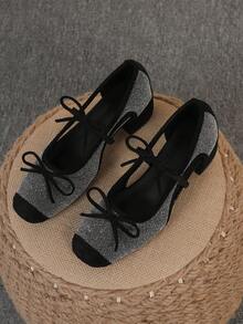 方头粗跟一脚蹬鞋，百搭蝴蝶结装饰鞋，时尚乐福鞋，黑色高跟鞋，尺码偏大一码，尺码 35-43 - 黑滿天星中空(雙蝴蝶結) - 查看 4