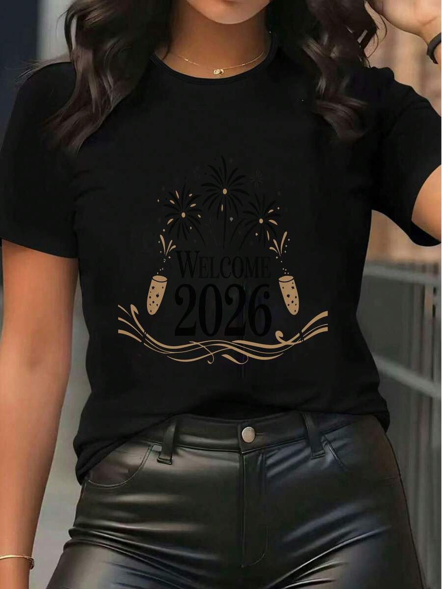 Tricou grafic cu mânecă scurtă pentru femei, Welcome 2026, cu imprimeu de șampanie, casual, cu guler rotund, tricou de vară pentru petreceri de vacanță