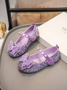 1 đôi giày bệt PU bóng cho bé gái, đính sequin và đá lấp lánh, thiết kế hở mũi với nơ ngọc trai, thích hợp cho tiệc tùng, hoạt động ngoài trời, mùa xuân/hè/thu. - Màu tím - Xem 6