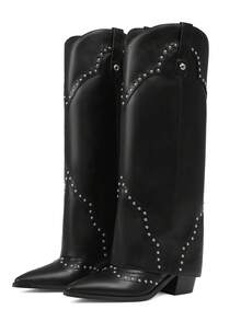 Western Knee High Boots For Women Vintage Rivet Pointed Toe Chunky Heel Tall Boots Cowgirl Fashion Party Riding Boots Valentine Shoes - 黑色 - 查看 4