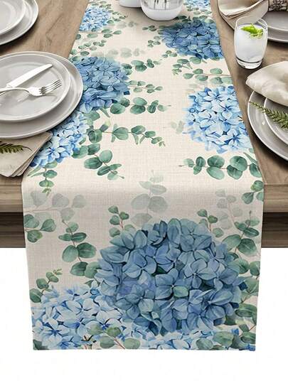 Reusable Blue Hydrangea Eucalyptus Linen Table Runner, Holiday Party Decor For Farmhouse, Kitchen, Dining Room, Wedding