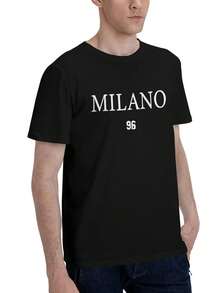 Men's Vintage Milano 96 Letter Print Short Sleeve Casual Pullover T-Shirt, Boyfriend Gift, For Spring And Fall - màu đen - Xem 4