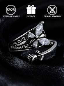 1 Stück 925 Sterling Silber Vintage Schwarze Rose Zirkonia Schmetterling Offener Ring (Schmetterling Rose Stil) Geschenkbox, geeignet für den täglichen Gebrauch und als Valentinstags-Geschenk - Antiksilber - Übersicht 4
