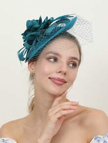 1顶女士迷人头饰，花朵造型，带面纱，适合鸡尾酒会、下午茶会和赛马会等场合，也适合赛马场单人排队、嘉年华下午茶会等。