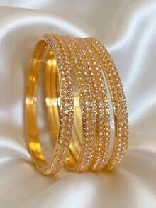 4pcs Gorgeous Style Rhinestone Bracelet,Sparkling Double Layered Bangle,Bridal Jewelry Suitable For Women's Party,Wedding,Daily Wear,Jewelry Accessories Gifts - 62mm - View 3