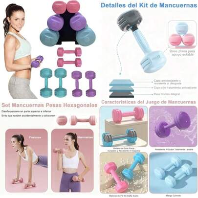 Set de Mancuernas Fitness de Gráfico con Base Soporte 6Pzs, 1,2,3kg Mancuerna Gimnasio 3 Colores Anti-Ruedo Antideslizante, Mancuerna de Pilate para Mujer Ejercicio de Fuerza en Casa Gimnasio(default)