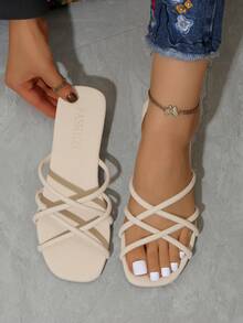 白色女士高跟凉鞋，交叉绑带高跟凉鞋，时尚夏季套脚高跟凉鞋，百搭优雅 - 白色 - 查看 7