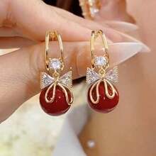 1 Pair Luxury Unique Design Red Pearl Bow Earrings, Fashionable Earrings For Women - Red - View 3