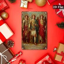 2D Flat, 1pc Vintage Archangels Gabriel Michael Raphael Metal Wall Art - 2D Flat Iron Tin Sign With 3 Angels, Weather-Resistant Indoor/Outdoor Hanging Decoration, Gothic Style Religious Decor For Home, Bar, Cafe - White - View 4